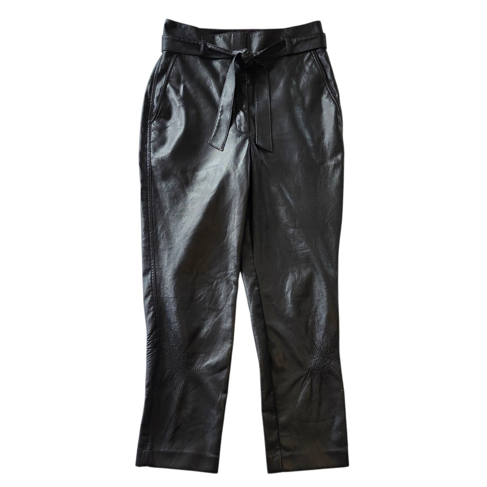 Babaton Aritzia Vegan Leather Tie-Waist Tapered Pants Black Women's Size 10 - Picture 2 of 12